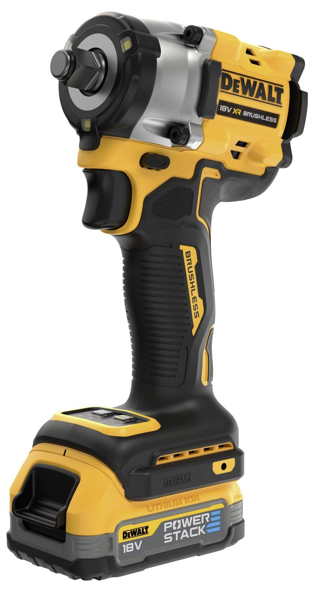 Akumulatorowy wkrętak udarowy w żółto-czarnej obudowie, oznaczony logo 'Dewalt', widok z przodu. Odpowiedni do prac rzemieślniczych.