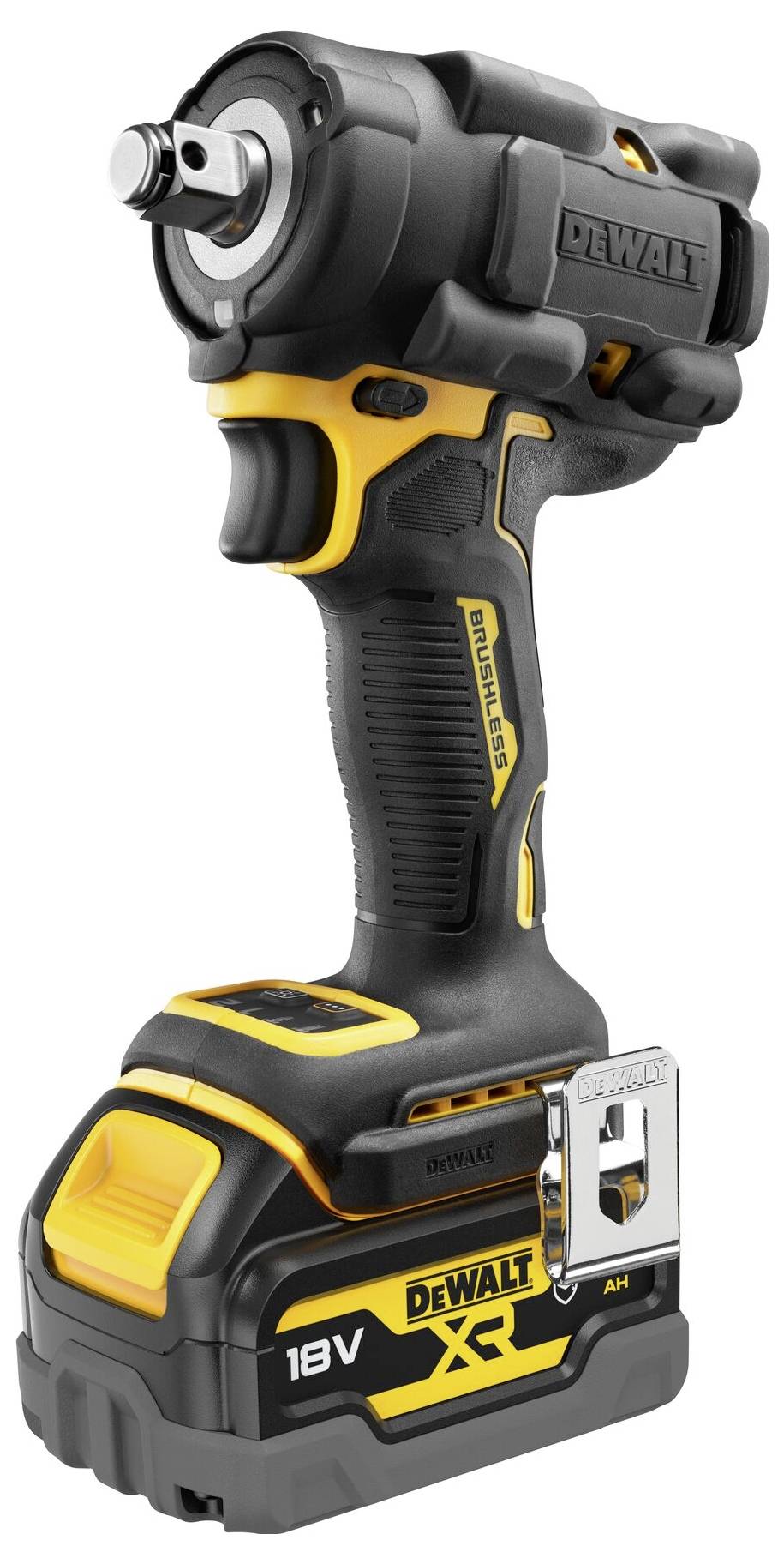 Bezprzewodowy klucz udarowy 18V z ergonomicznym uchwytem i wytrzymałą obudową. Odpowiedni do prac budowlanych i naprawczych.