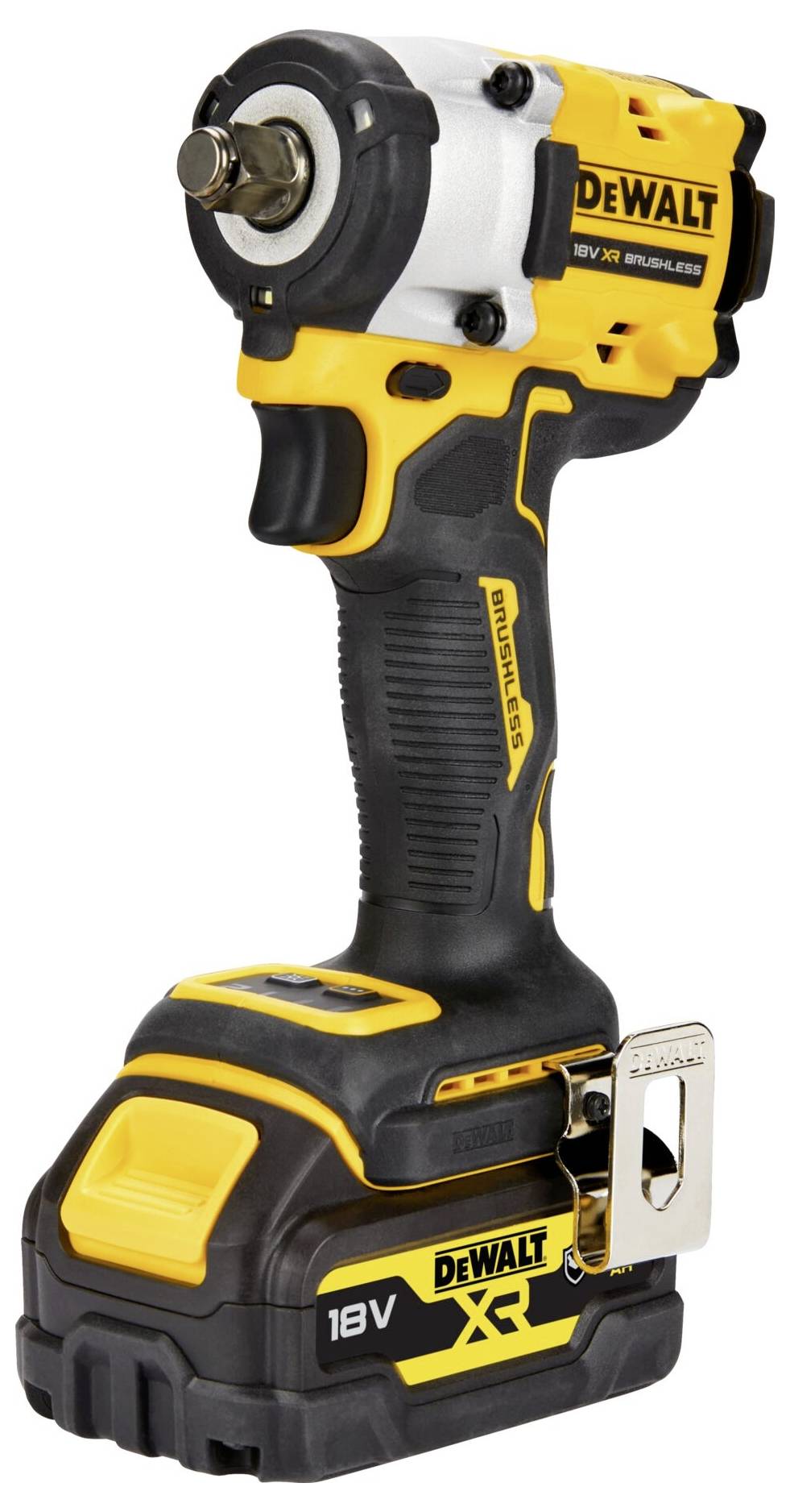 Akumulatorowy wkrętak udarowy w żółto-czarnym designie z baterią 18V, przeznaczony do mocnego wkręcania i wiercenia, oznaczony logo 'DEWALT XR'.