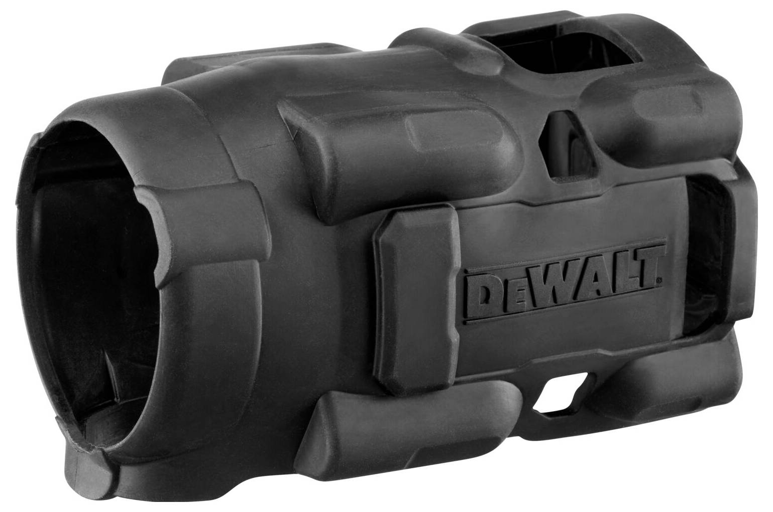 Czarny, wytrzymały gumowy pokrowiec na elektronarzędzie z napisem 'DeWALT' pośrodku.