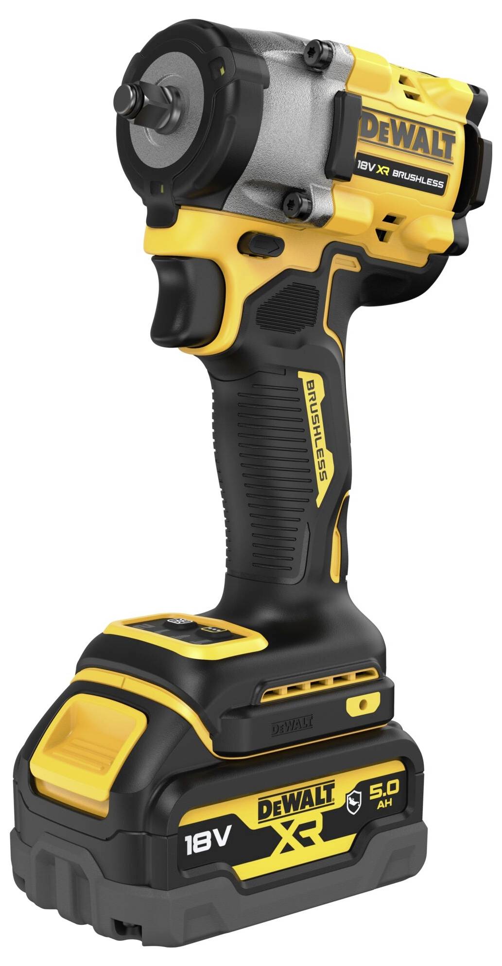 Bezprzewodowy, żółto-czarny akumulatorowy wkrętak udarowy marki DeWalt, model 18V XR, z akumulatorem 5.0 Ah, przeznaczony do prac budowlanych lub remontowych.