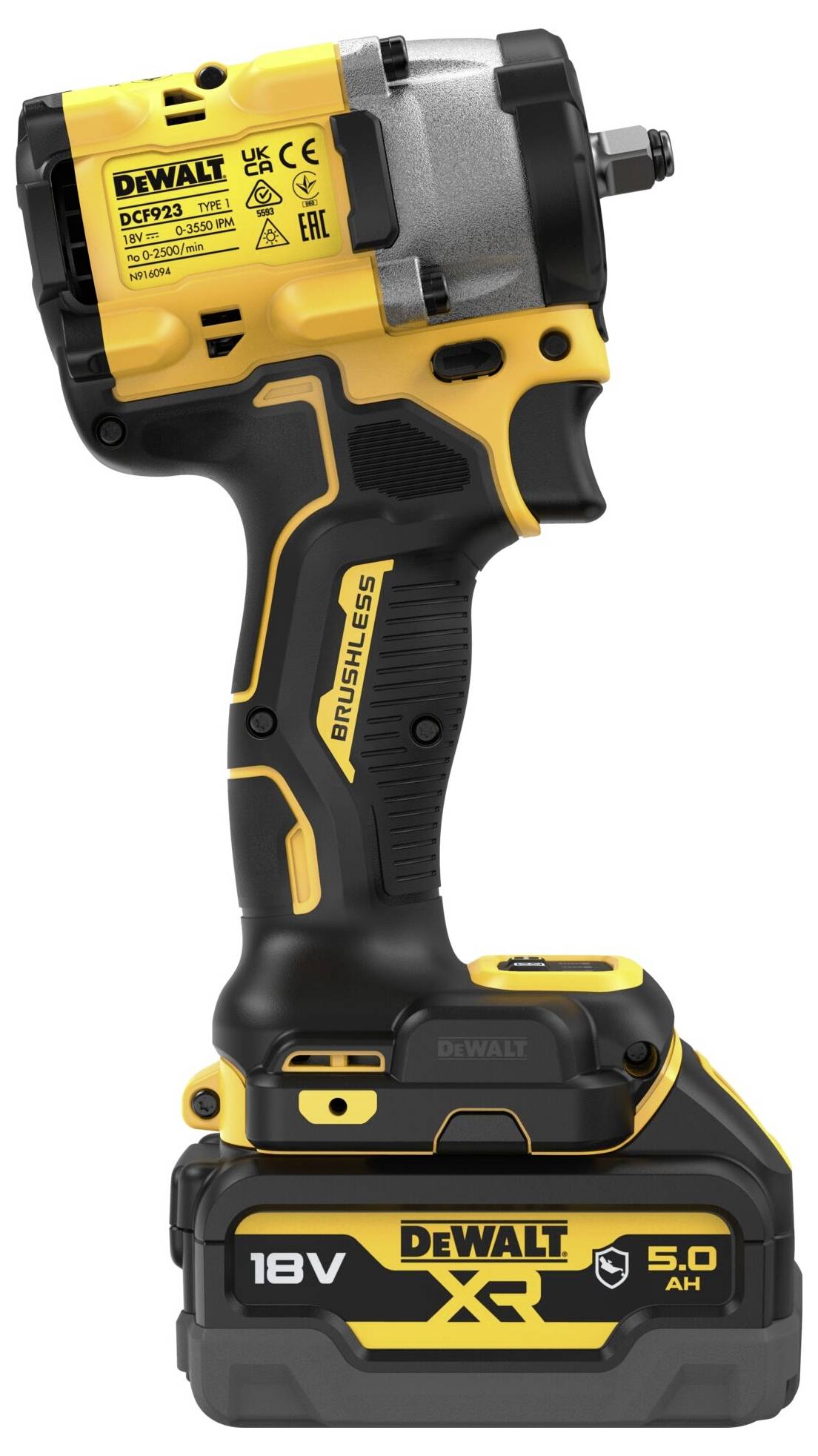 Bezprzewodowy zakrętak udarowy DeWalt z silnikiem bezszczotkowym, w kolorze żółto-czarnym, model DCP923, 18V, akumulator 5,0 Ah do zastosowań wymagających dużej mocy.