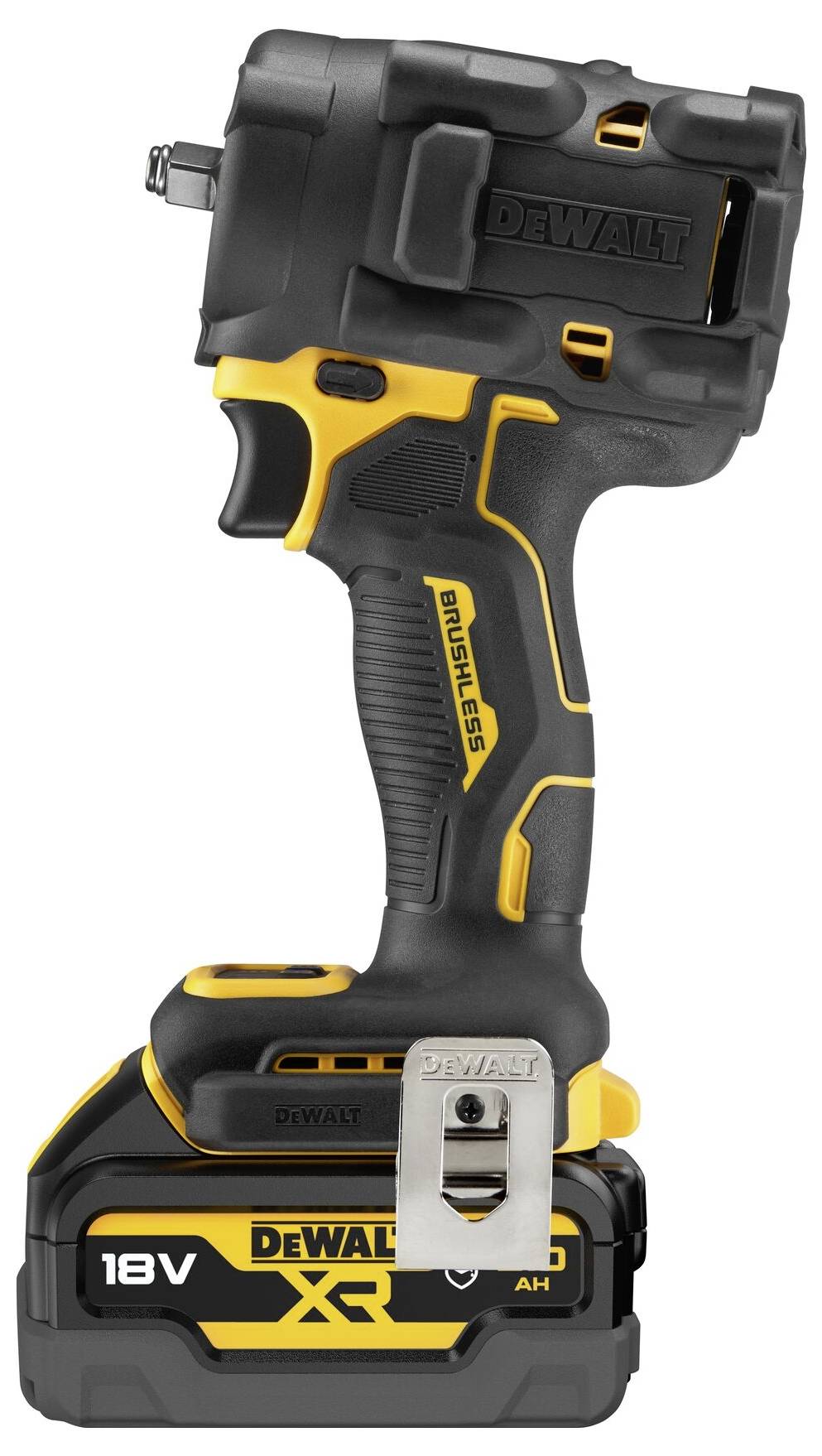 Akumulatorowy wkrętark udarowy marki DeWalt, 18V, z silnikiem bezszczotkowym. Kompaktowa budowa, czarno-żółty design, wytrzymała obudowa.