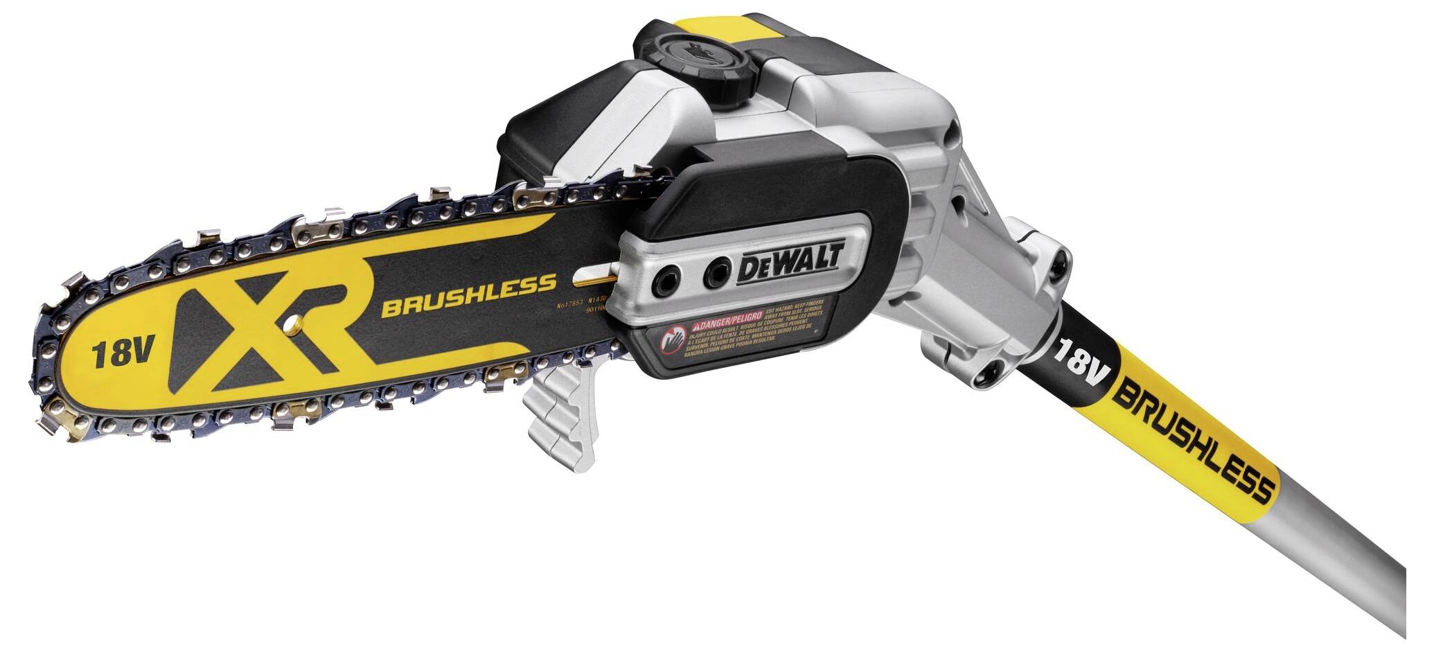 Akumulatorowa piła łańcuchowa teleskopowa z czarno-żółtą prowadnicą i napisem '18V Brushless', prezentująca producenta i mocowanie łańcucha.