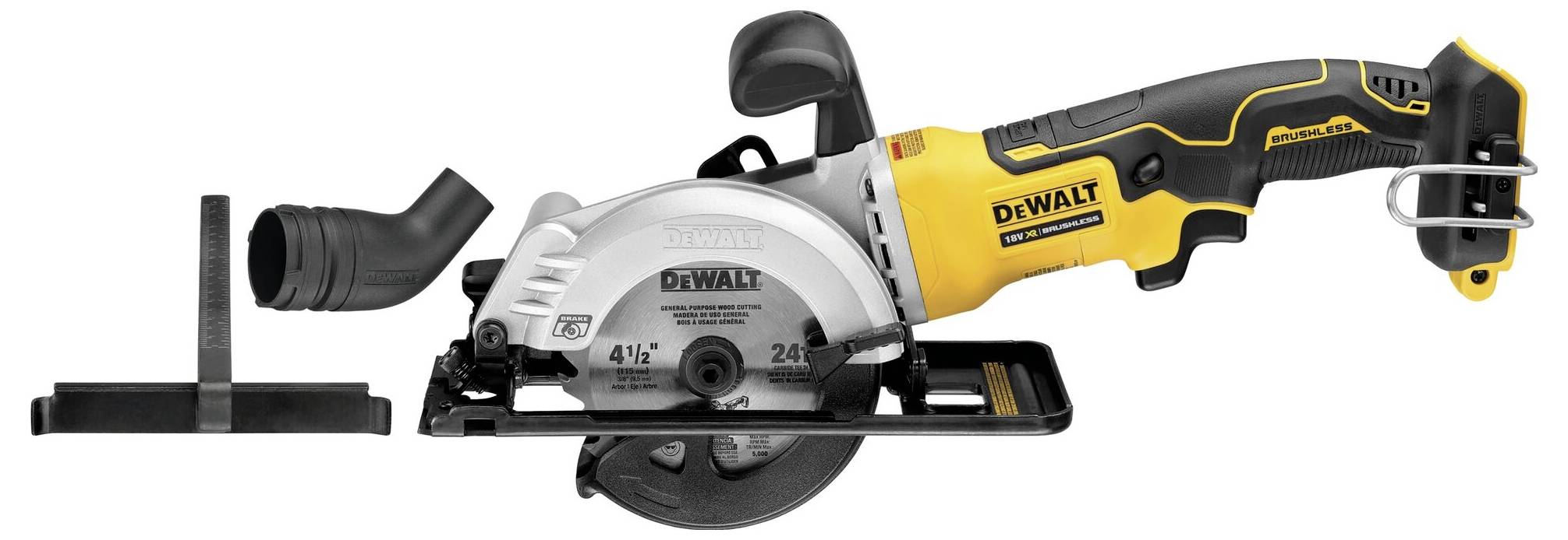 Żółto-czarna ręczna pilarka tarczowa DeWalt z wymiennym osprzętem, przeznaczona do cięcia materiałów drewnianych.