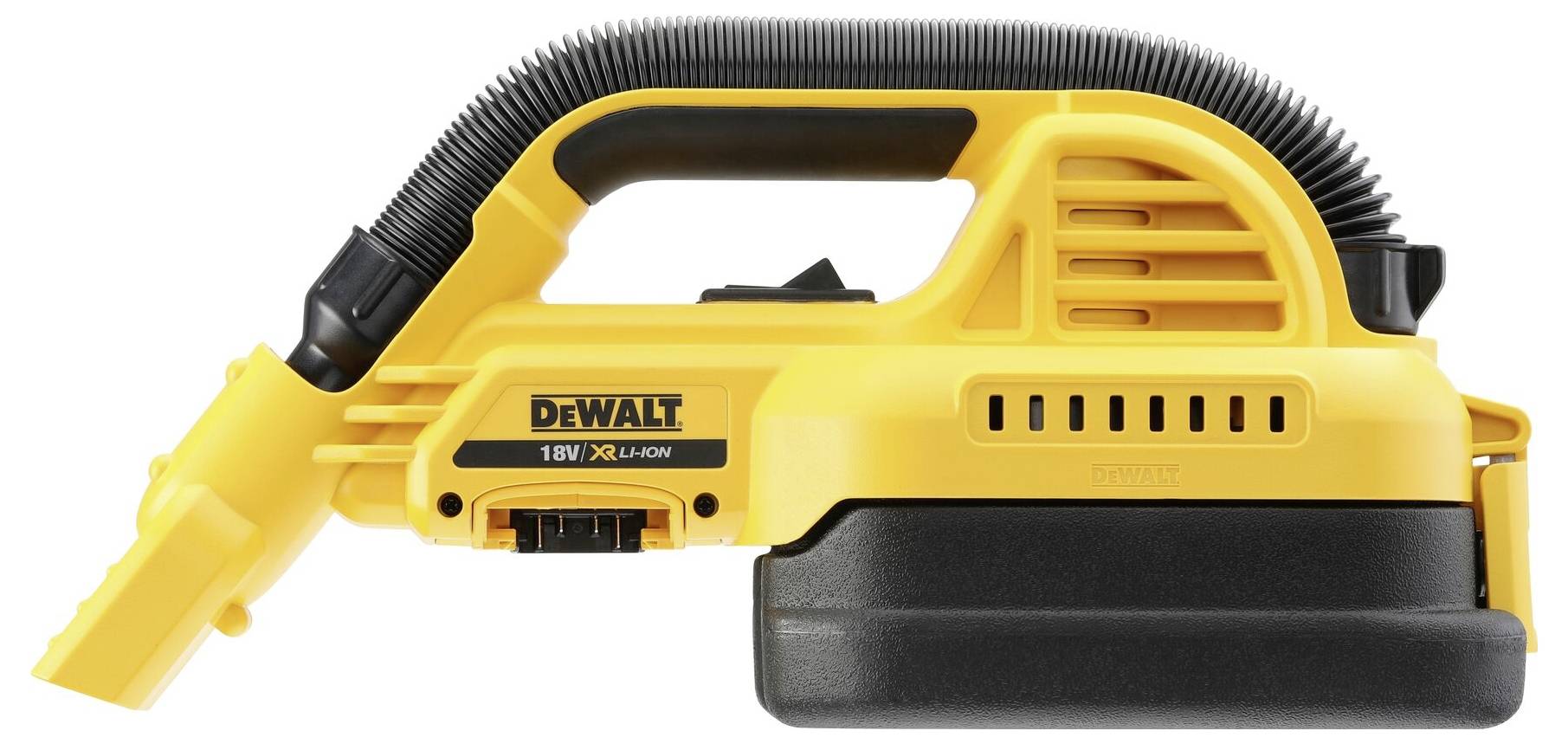 Przenośny, żółty odkurzacz akumulatorowy z czarną rączką i elastyczną końcówką ssącą, odpowiedni do lekkich prac porządkowych.