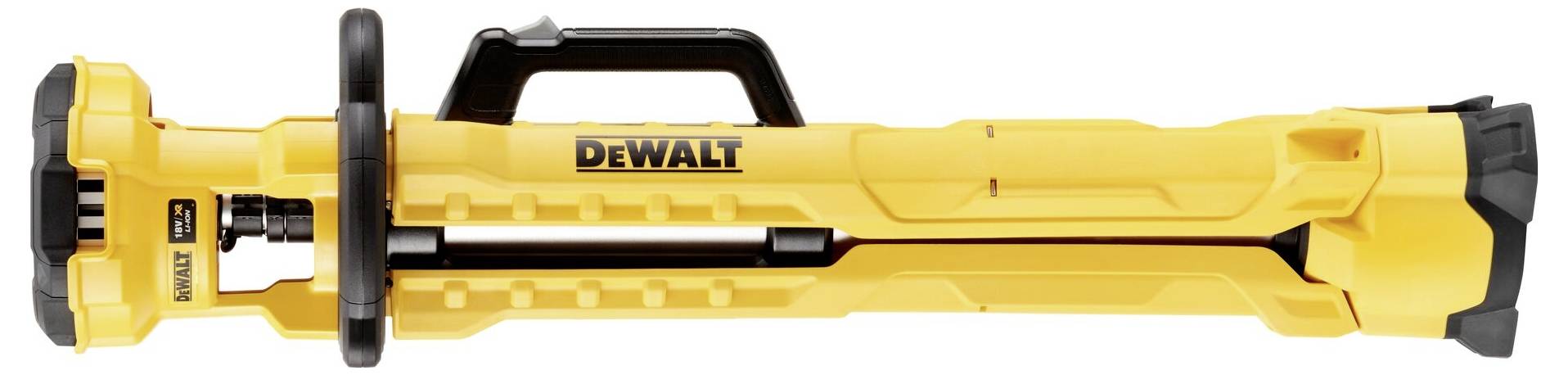 Żółty, składany statyw budowlany marki Dewalt, z lewej strony czarny uchwyt, a z prawej okrągła podstawa.