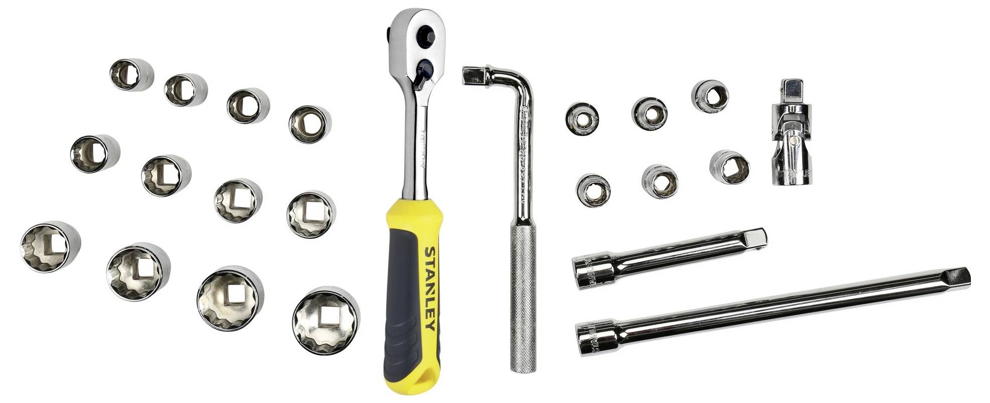 Zestaw kluczy nasadowych z żółtą rękojeścią, zawierający klucz z grzechotką, przedłużki i nasadki w różnych rozmiarach, ułożone w sposób uporządkowany.