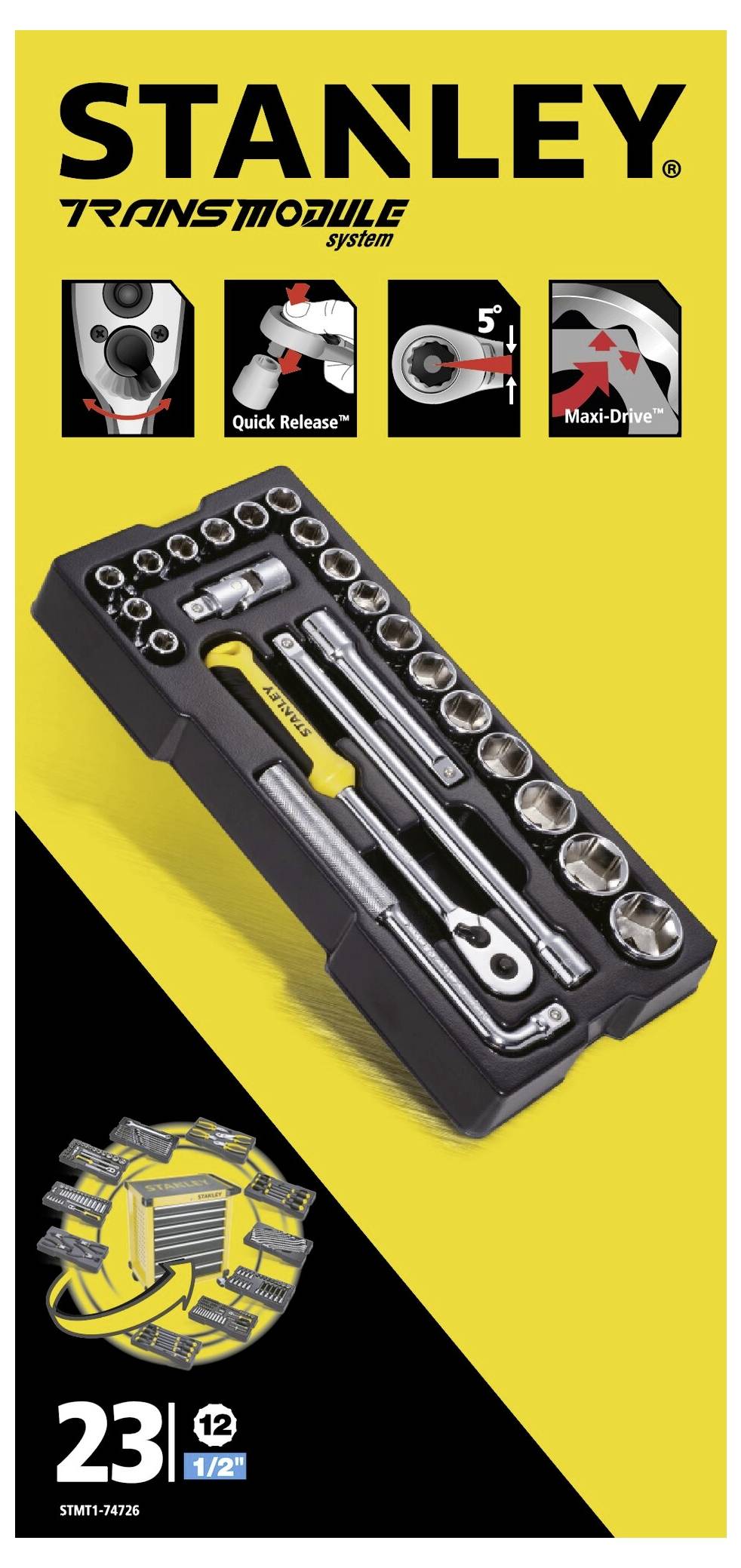 Zestaw 23-elementowych nasadek i kluczy zapadkowych marki Stanley. Wyposażony w funkcje szybkiego zwalniania i Maxi-Drive.