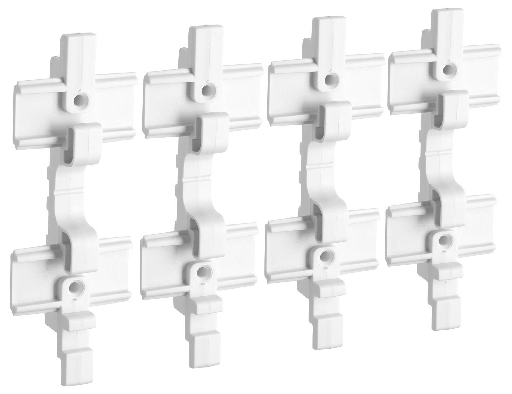 Cztery identyczne białe elementy plastikowe o strukturze haczykowatej, ułożone symetrycznie na białym tle.