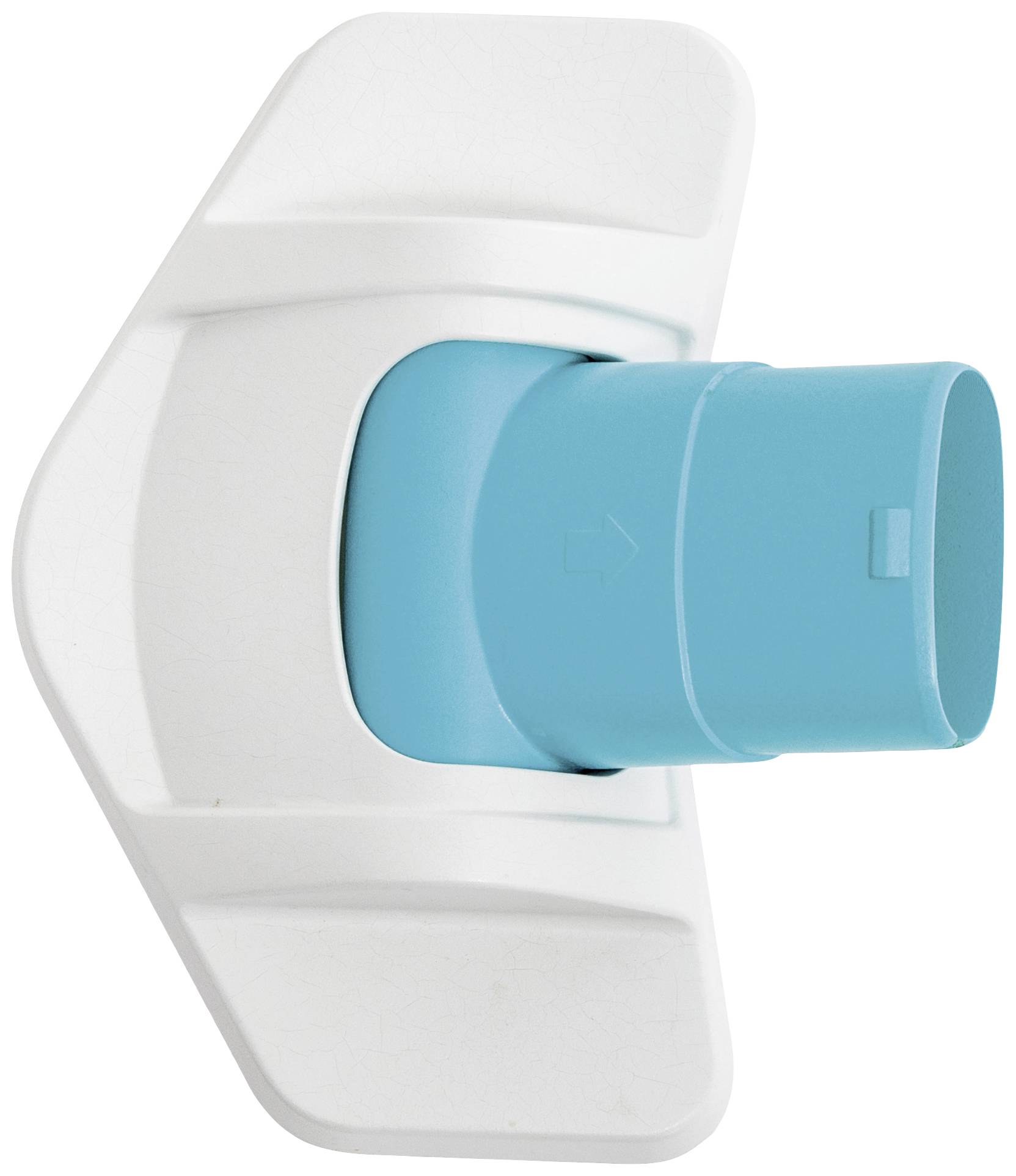 Niebieski inhalator z białą obudową, służący do podawania leków łagodzących dolegliwości dróg oddechowych.