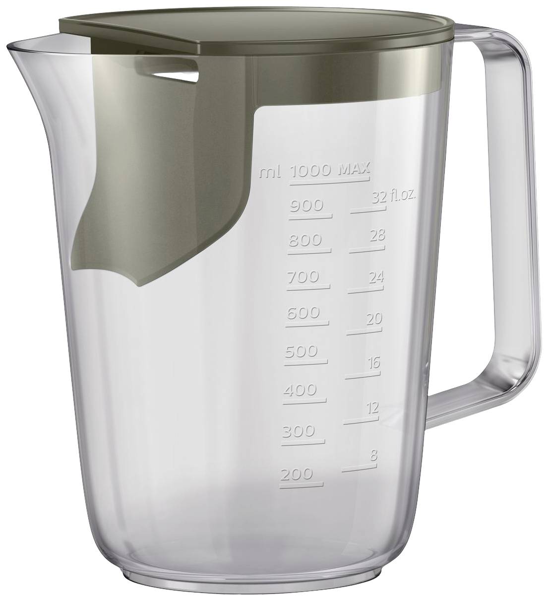 Przezroczyste naczynie pomiarowe z uchwytem i podziałką, o maksymalnej pojemności 1000 ml lub 32 fl. oz. Pokrywka jest szara.