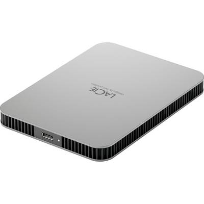 Zewnętrzny dysk twardy LaCie w kolorze srebrnym, prostokątny, z złączem USB-C, zaprojektowany przez Neila Poultona.