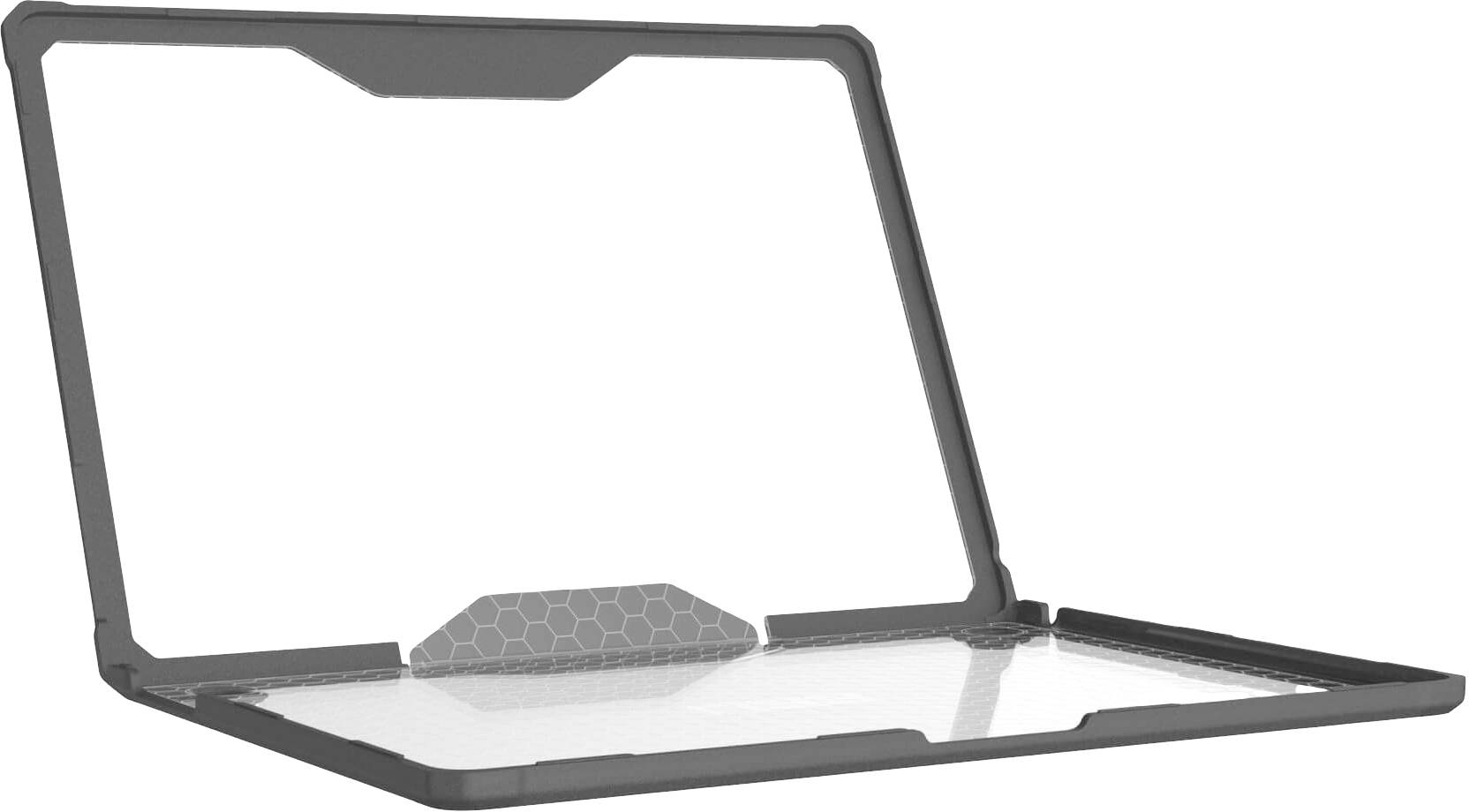 Otwarty laptop w ochronnej obudowie zabezpieczającej zarówno ekran, jak i klawiaturę.