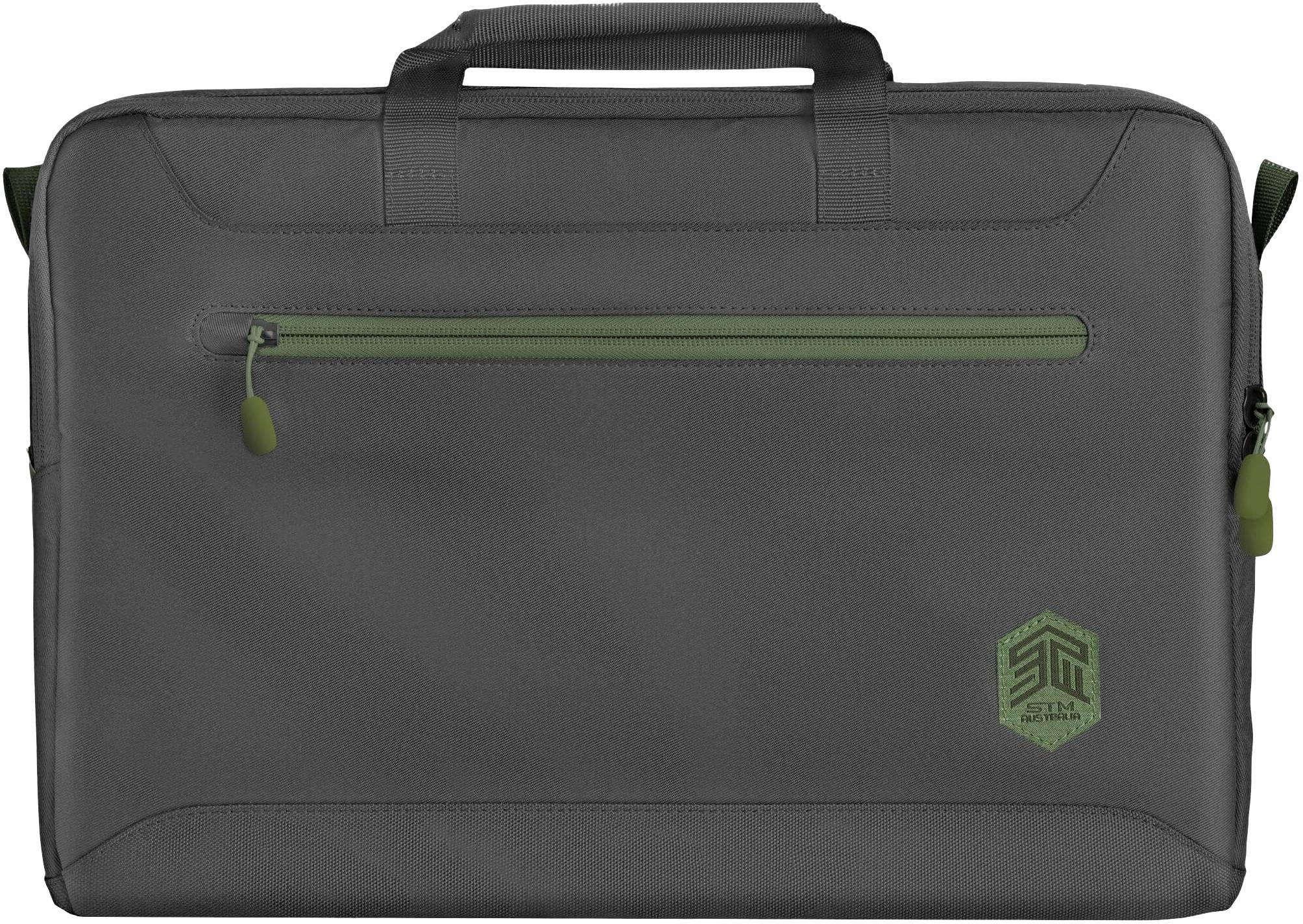 Ciemnoszara teczka z zielonym zamkiem błyskawicznym z przodu i zielonym logo w prawym dolnym rogu.