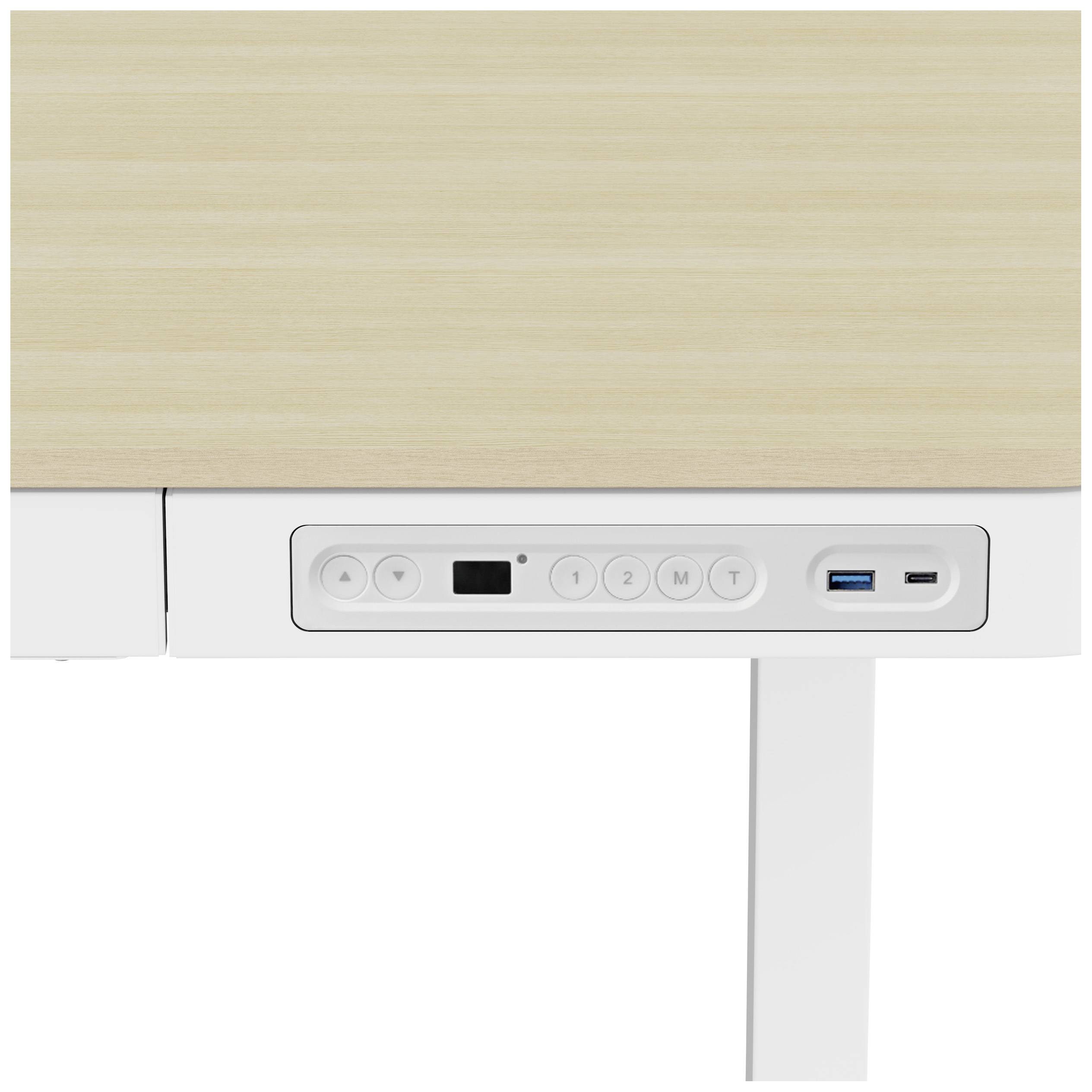 Regulowany panel biurka z przyciskami do regulacji wysokości, ekranem i portami USB.