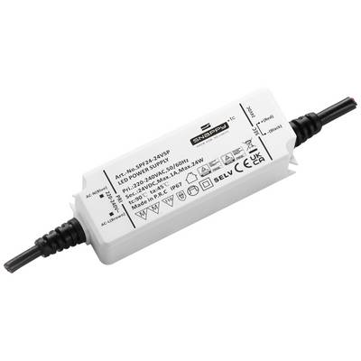 Zasilacz LED z wejściem 200-240V i wyjściem 24V/30W. Biała, prostokątna obudowa z dwoma czarnymi przewodami na końcach.