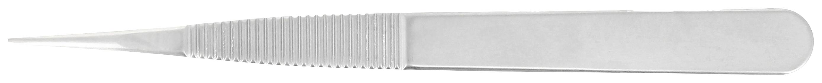 Srebrna pęseta z ryflowanym uchwytem, używana do precyzyjnego chwytania małych obiektów w zastosowaniach medycznych lub kosmetycznych.