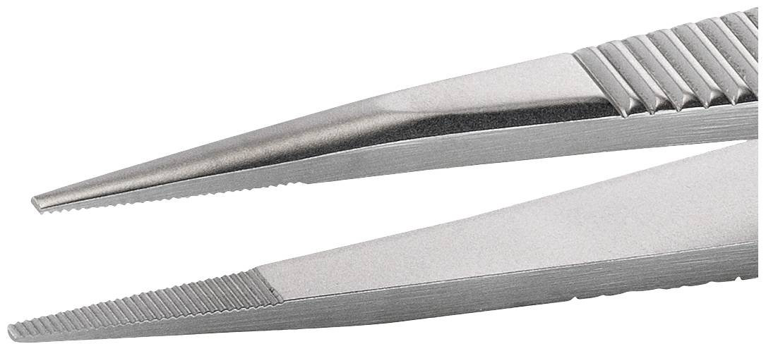 Zbliżenie dwóch metalowych pincet. Oba narzędzia mają na końcówkach delikatne rowki umożliwiające precyzyjne chwytanie.