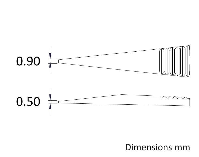 'Dwa stożkowe elementy o różnych końcówkach: górny z rowkami, dolny z ząbkowanym zakończeniem. Oznaczenia: 0,90 mm i 0,50 mm.'