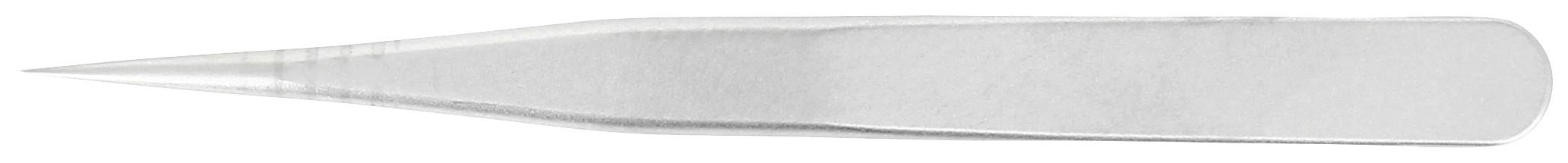 Srebrna pęseta o delikatnym czubku. Narzędzie leży na białej powierzchni.