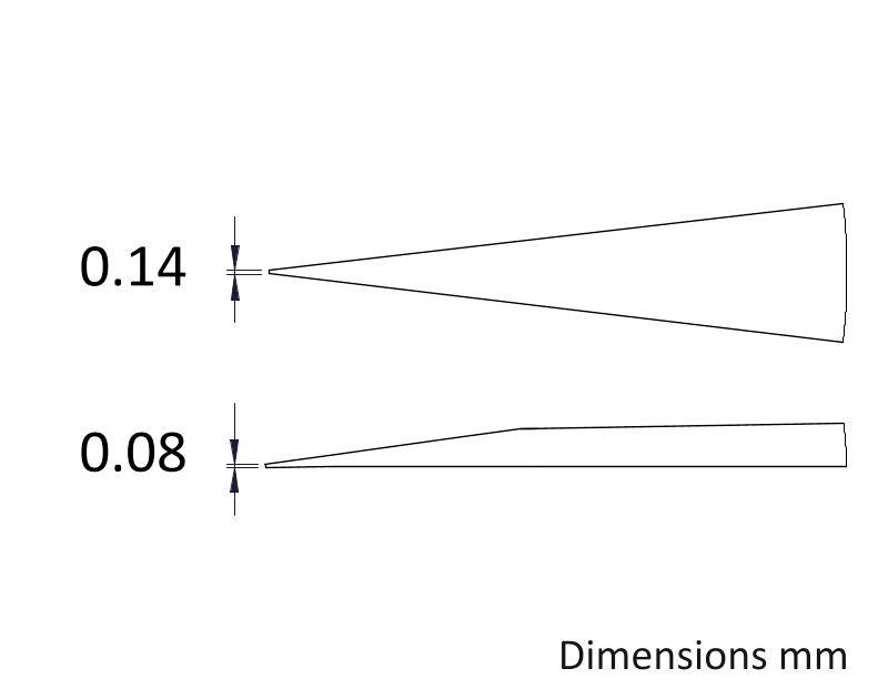 Dwa stożkowe obiekty w milimetrach: górny o czubku 0,14 mm, dolny o czubku 0,08 mm. Opis 'Dimensions mm' w prawym dolnym rogu.