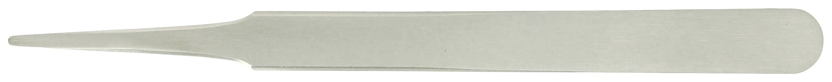 Srebrna pinceta o wąskich, spiczastych końcówkach i płaskim uchwycie, idealna do precyzyjnego chwytania małych przedmiotów.