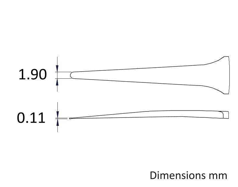 Rysunek techniczny wąskiego obiektu stożkowego z podanymi wymiarami szerokości: 1,90 mm u podstawy, 0,11 mm na czubku.
