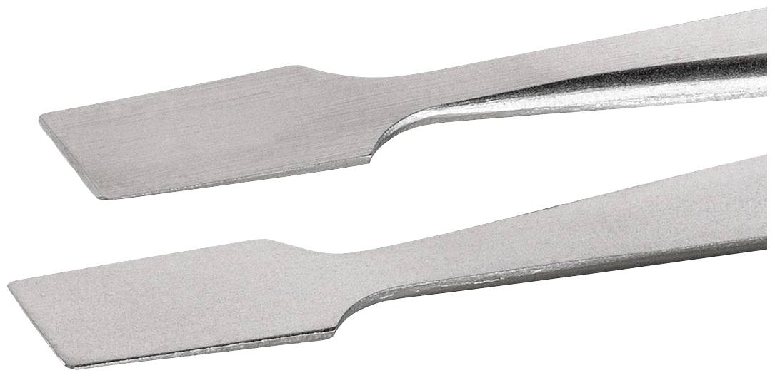 Dwa wąskie, płaskie metalowe szpatule o prostokątnych końcach, ułożone równolegle na białym tle.