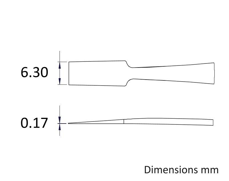 Rysunek techniczny obiektu z wymiarami: 6,30 mm wysokości i 0,17 mm szerokości. Widok z boku przedstawia zwężenie. Jednostka miary: mm.