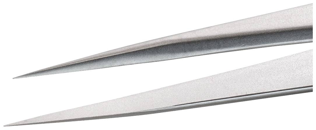Zbliżenie przedstawia ostre, srebrne końcówki pincety, które nadają się do precyzyjnych prac.