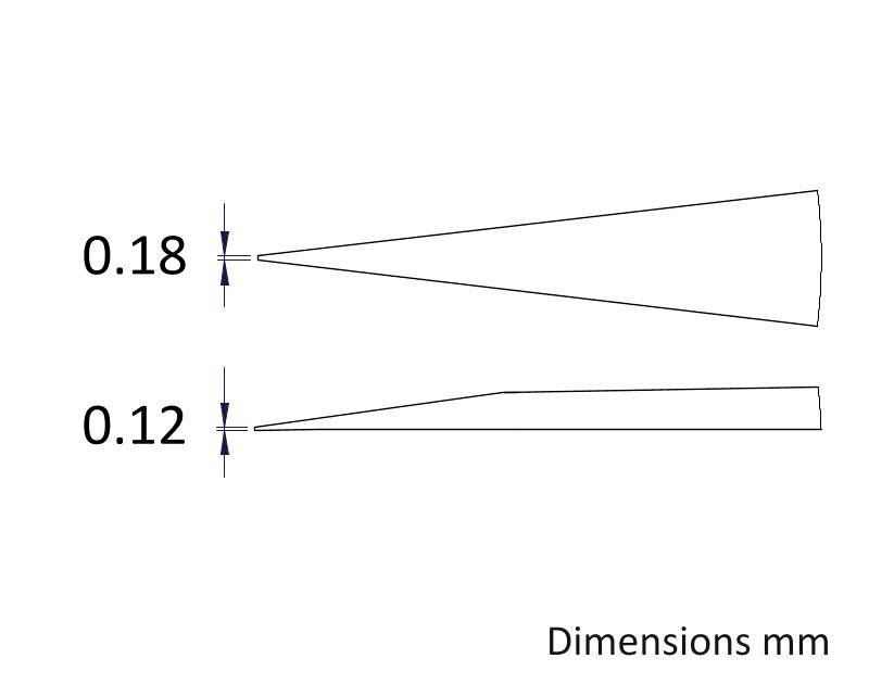 'Dwie zwężenia w mm, górne o podstawie 0,18 i dolne o podstawie 0,12. Obydwa zwężenia są skierowane w prawo. Tekst: Wymiary mm.'