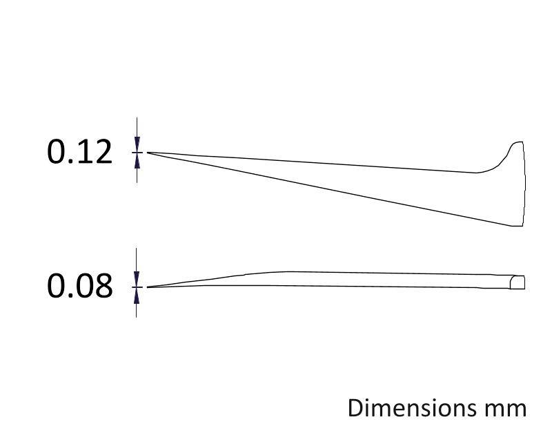 'Wymiary mm': Diagram z przekrojami poprzecznymi dwóch igieł. Górna igła ma szerokość 0,12 mm, dolna 0,08 mm.