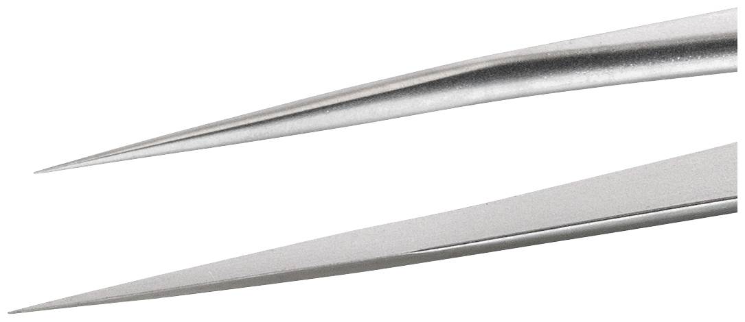 Dwie precyzyjne pincety metalowe w zbliżeniu, czubkami skierowane w lewo. Są to precyzyjne narzędzia, często stosowane w dziedzinach technicznych.