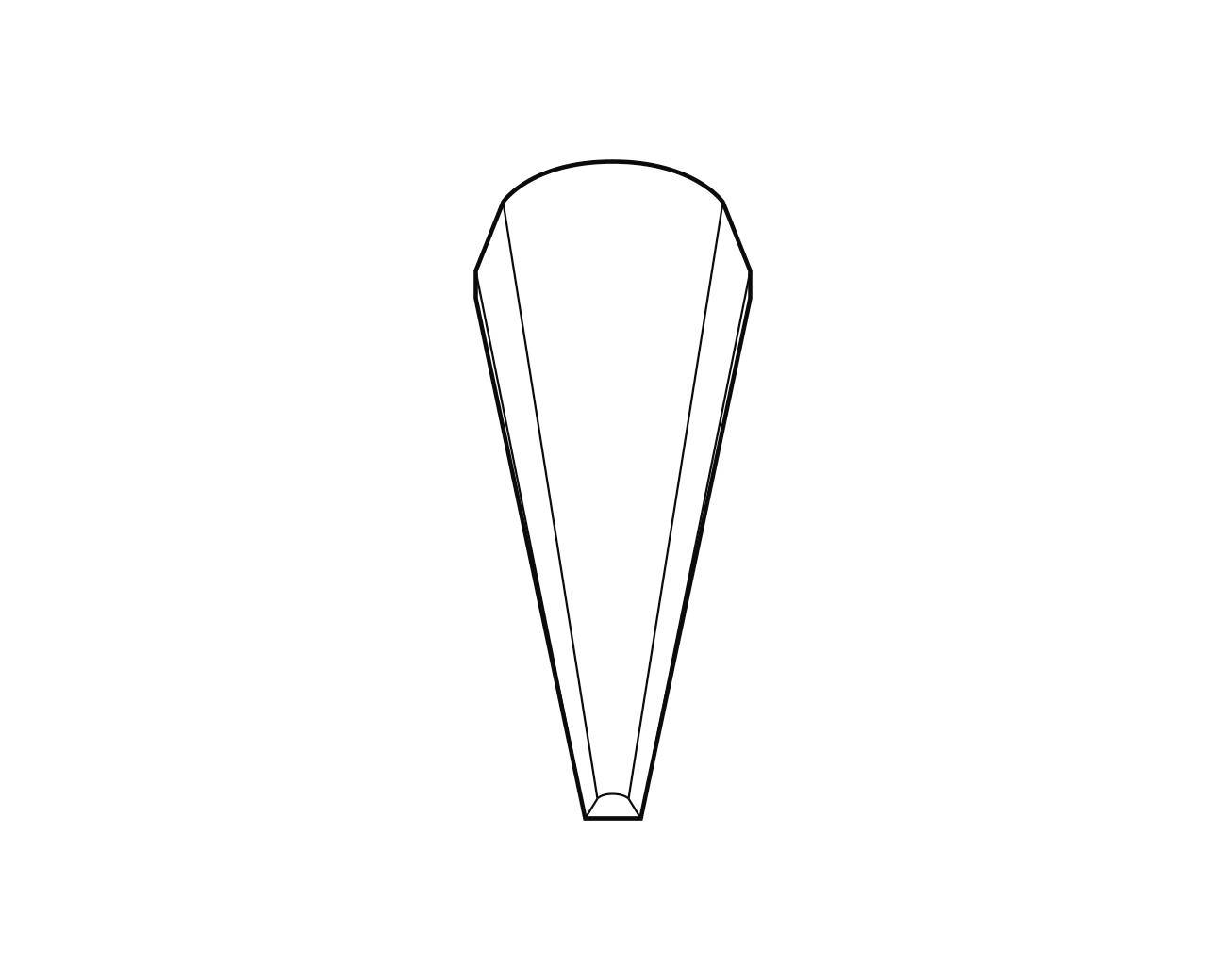 Rysunek stożkowej formy o zaokrąglonej czubce, zwężającej się ku dołowi. Odpowiedni do dokumentacji technicznej lub projektowej.