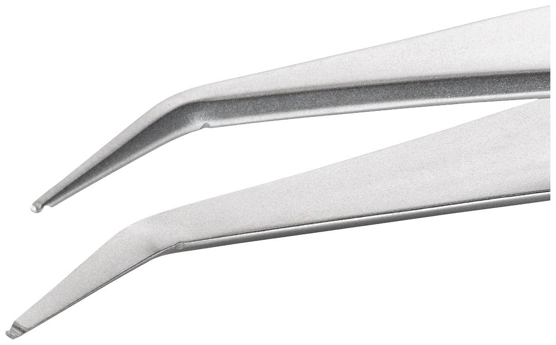 Pęseta metalowa z zakrzywionymi końcówkami, używana do precyzyjnego chwytania małych obiektów.