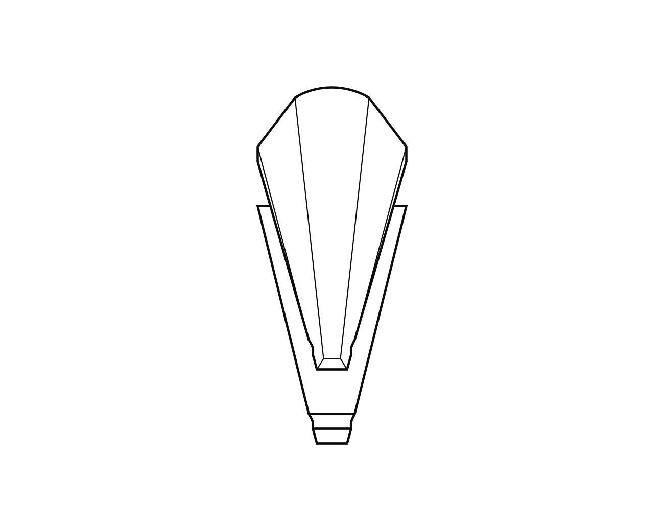 Proste wzornictwo trumny w kolorach czarno-białym, z zaokrąglonymi krawędziami i klasyczną, symetryczną formą, widziane z góry.