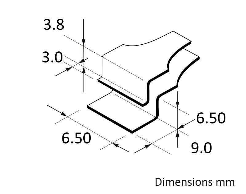 Rysunek techniczny elementu z wymiarami w milimetrach: szerokość 3,0 i 9,0; wysokość 6,5; głębokość 3,8 i 6,5.