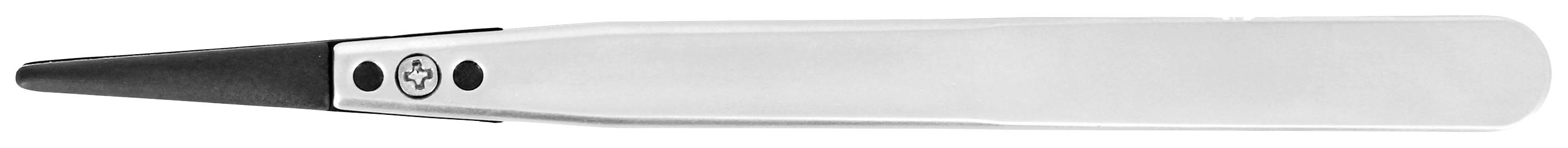 Pinceta z czarną końcówką i srebrnym uchwytem. Idealna do precyzyjnego chwytania małych obiektów.