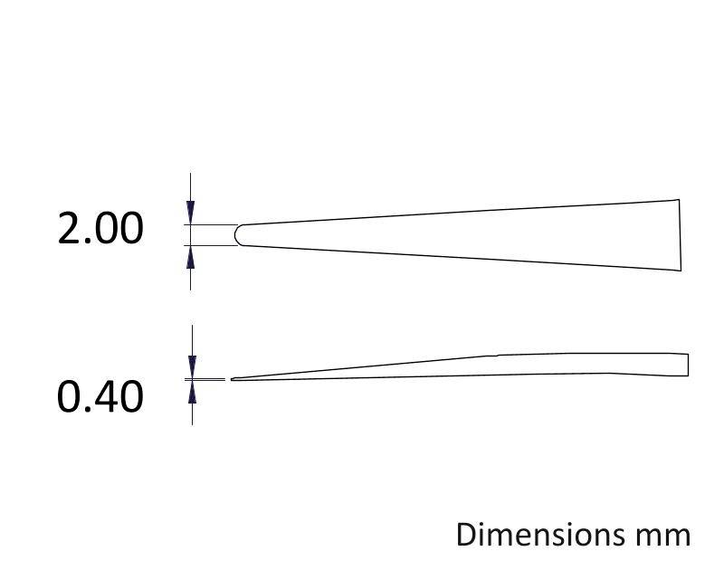 Diagram przedstawia stożkowy kształt w widoku bocznym i z góry. Szerokość 2,00 mm i 0,40 mm na końcach.