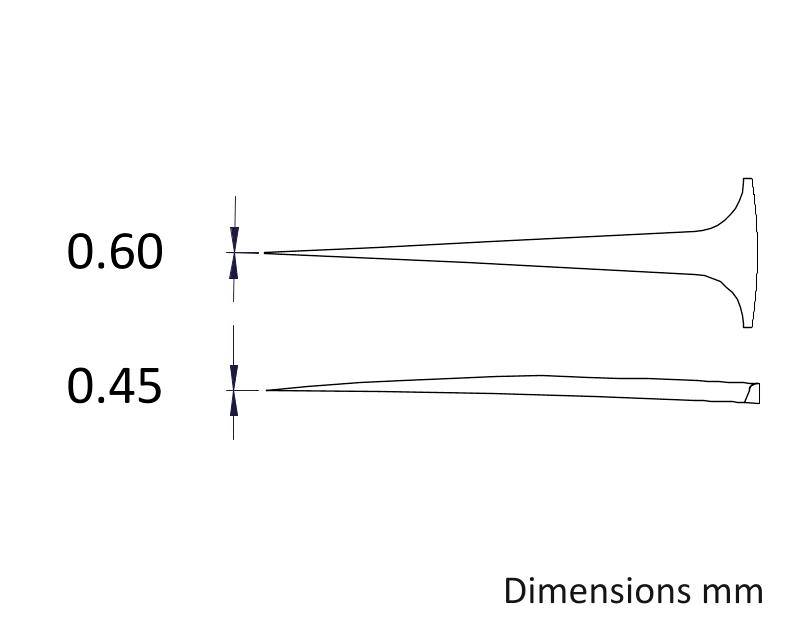Pokazuje dwie igły o różnych szerokościach: górna 0,60 mm, dolna 0,45 mm. Opisane jako 'Wymiary mm'.