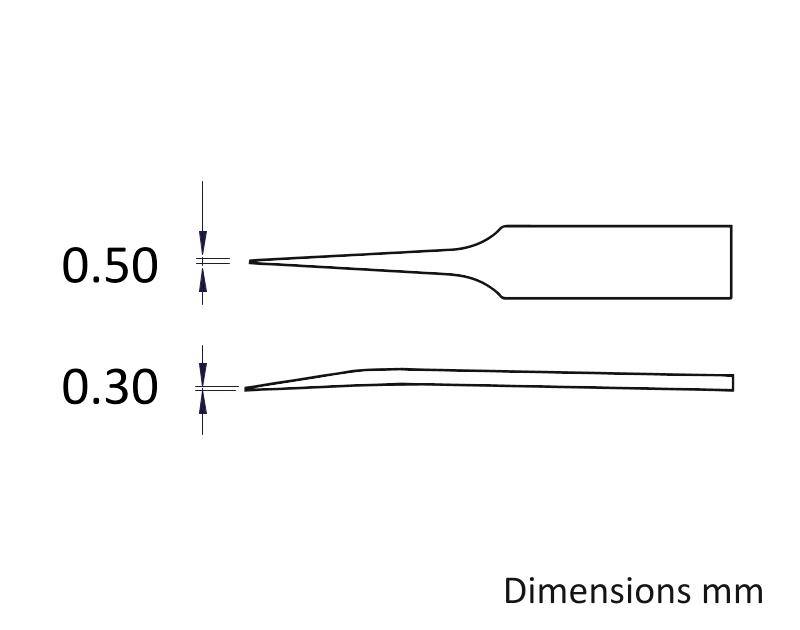 Diagram przedstawia cienki, stożkowy metalowy trzpień o następujących wymiarach: 0,50 mm grubości przy podstawie, zwężający się do 0,30 mm przy czubku.