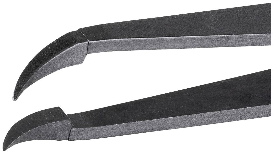 Pęseta kątowa wykonana z czarnego metalu z zakrzywionymi końcówkami. Odpowiednia do precyzyjnego chwytania małych obiektów.