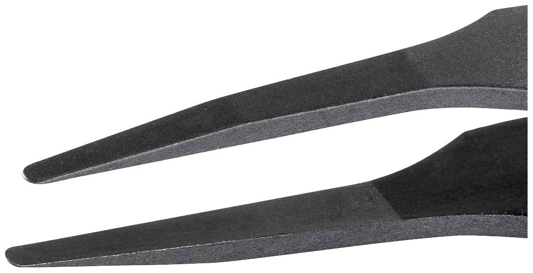 Zbliżenie dwóch czarnych pęset. Ich czubki są wąskie i wyrównane względem siebie. Powierzchnia wygląda na matową.