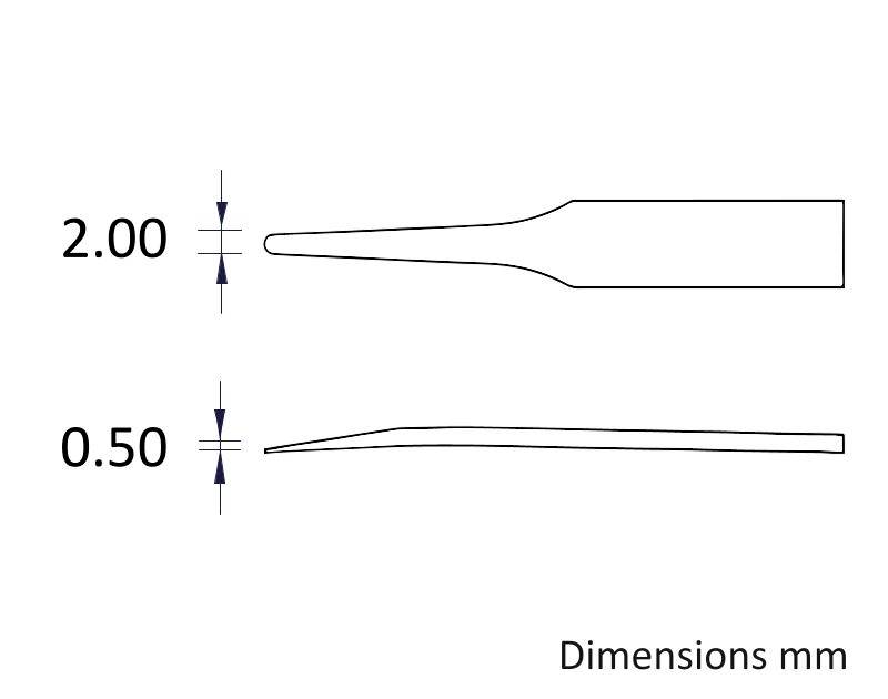 Wymiary w mm. Diagram przedstawia narzędzie z czubkiem, o szerokości 2,00 mm, grubości 0,50 mm.