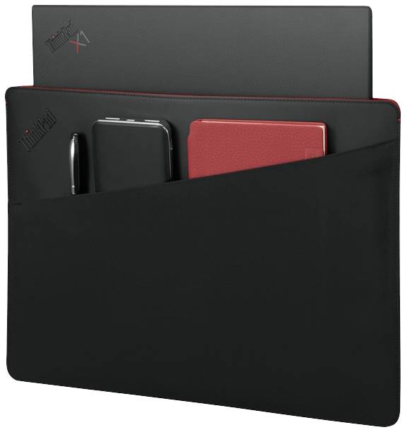 Czarna teczka na laptopa z otwartymi przegródkami, które mieszczą tablet, smartfon i długopis.