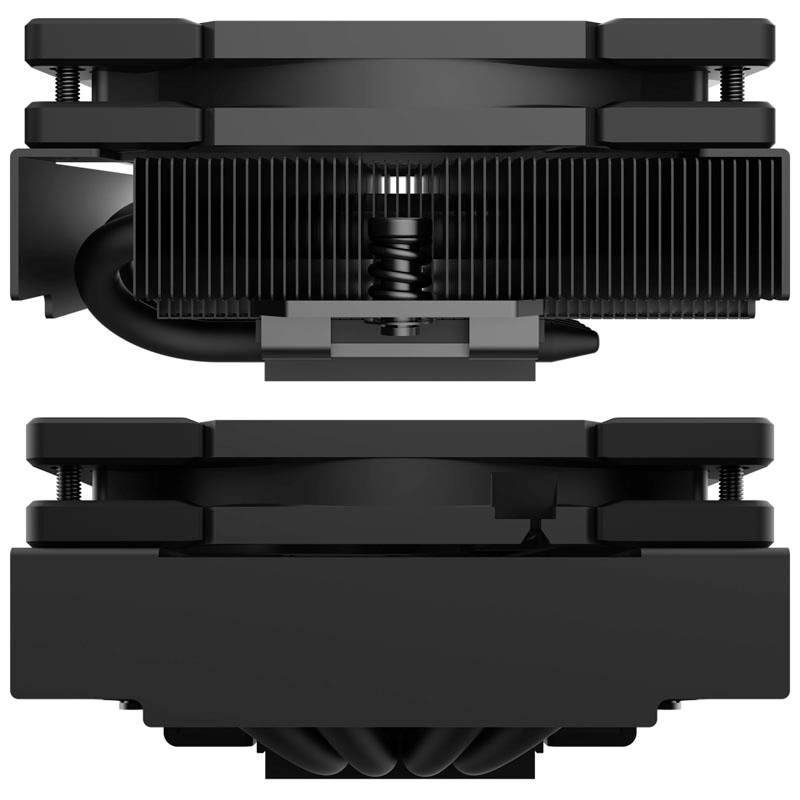 Czarny chłodnik procesora z wentylatorem i żeberkami w widoku bocznym. Kompaktowa konstrukcja zapewniająca efektywne odprowadzanie ciepła w komputerach.