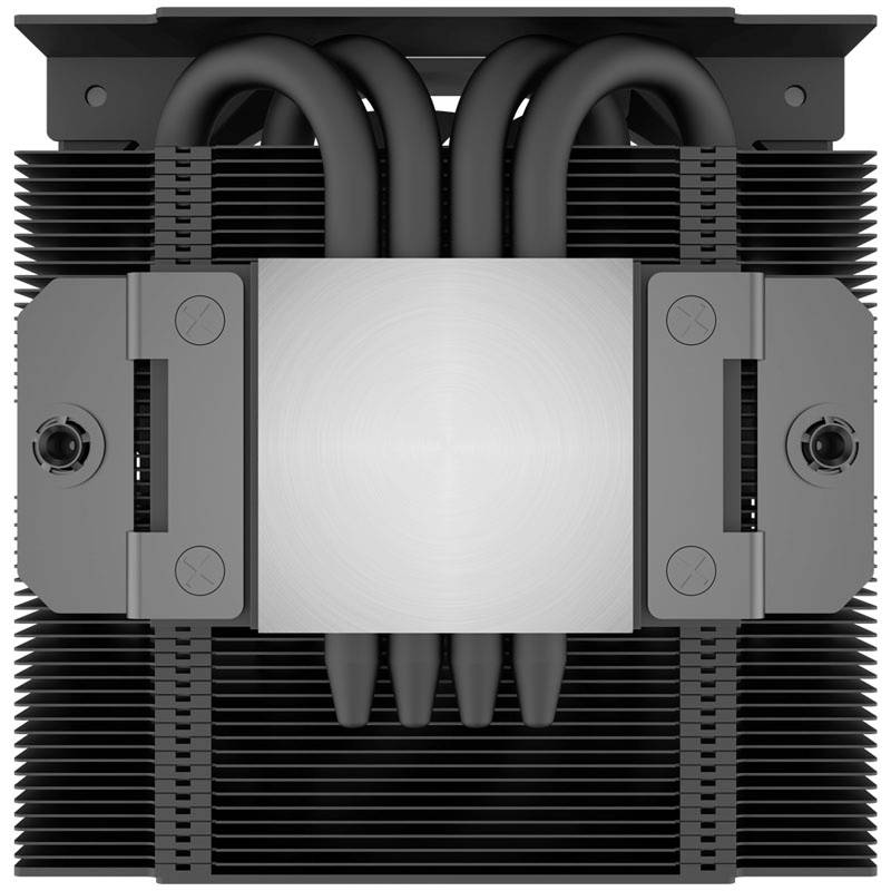 Czarny, solidnie wyglądający chłodnik procesora z wieloma żeberkami i ciepłowodami. Odpowiedni do wydajnego chłodzenia komputera.