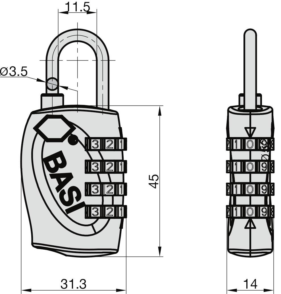 Zamek szyfrowy z czterocyfrowym kodem numerycznym i wymiarami. Widok z przodu przedstawia oznaczenie, widok z boku ukazuje mechanizm.