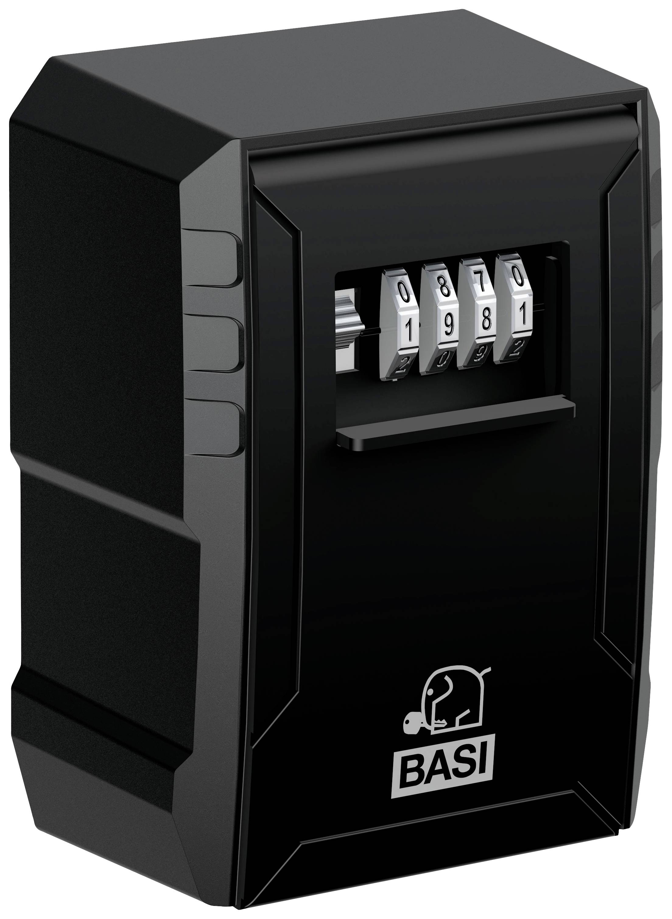 Czarny sejf na klucze z zamkiem szyfrowym ustawionym na '0810'. Na dole widoczne jest logo BASI.